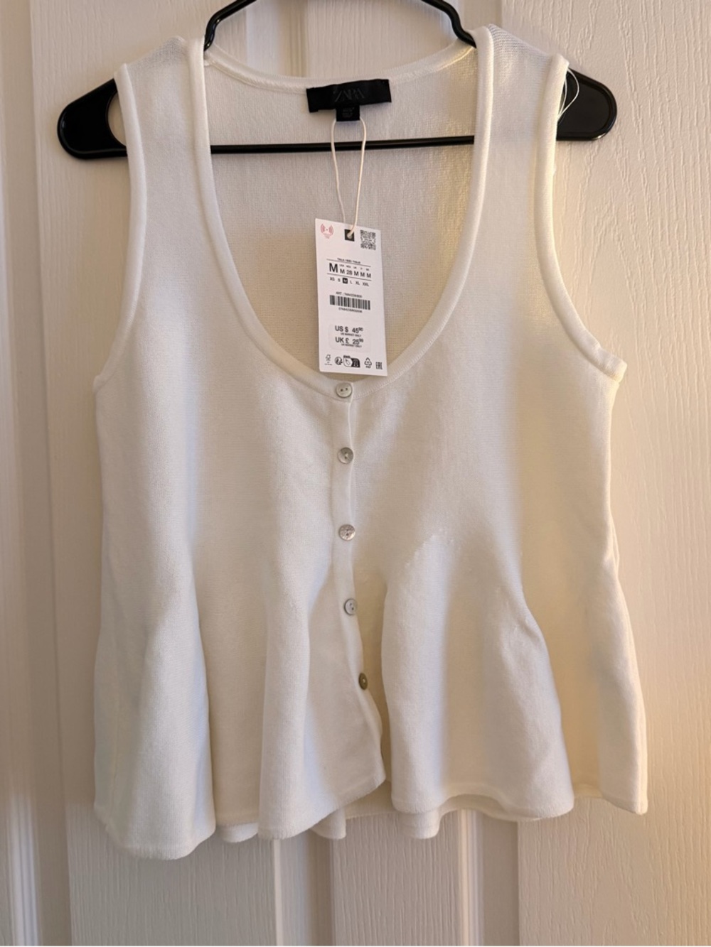 Zara White Button-Front Peplum Tank